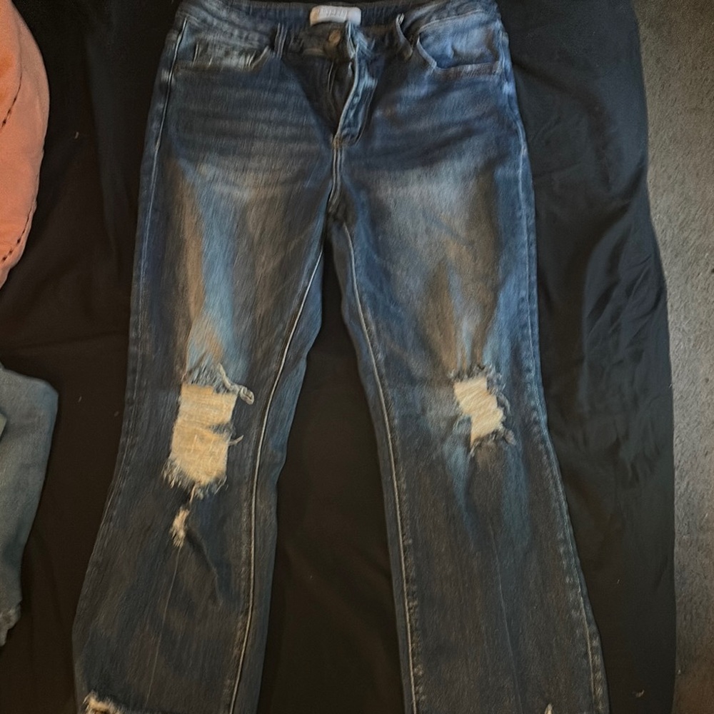 Distressed Blue Straight Leg Jeans with Knee Rips
